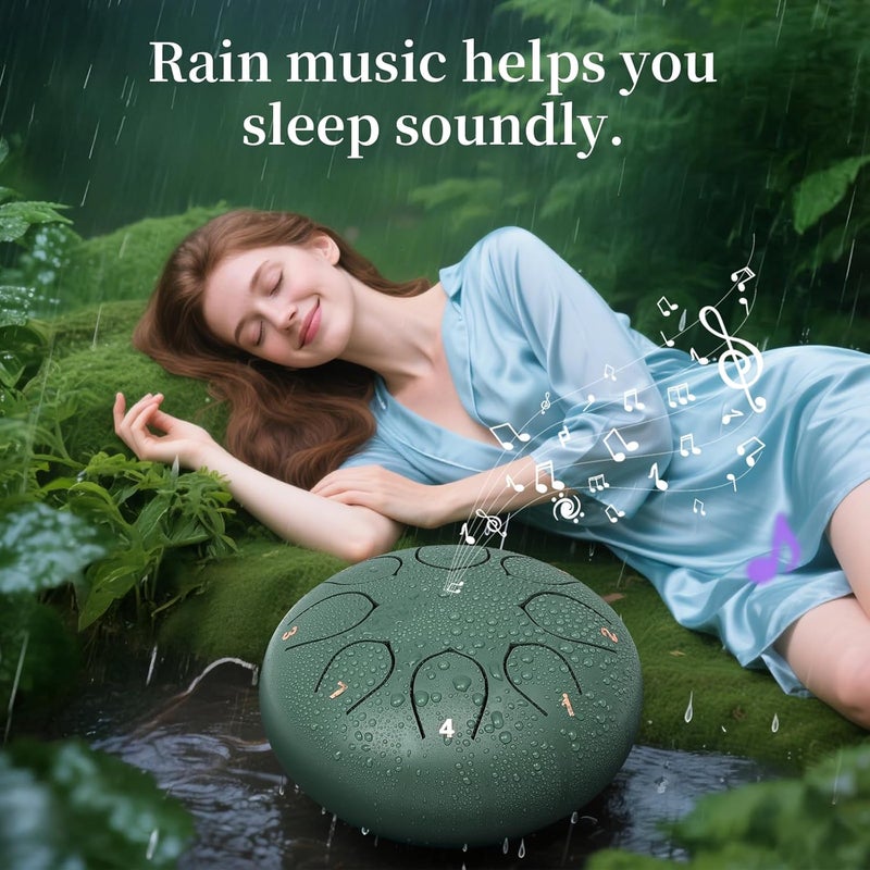 MELHA Rain Drum for Outside Garden6 Inches 8 Notes Steel Tongue Chakra Drums, Waterproof Meditation Rain Chime, Musical Instruments for Gift with Bag, Drum Mallets, Music Book (Green) - Image 2